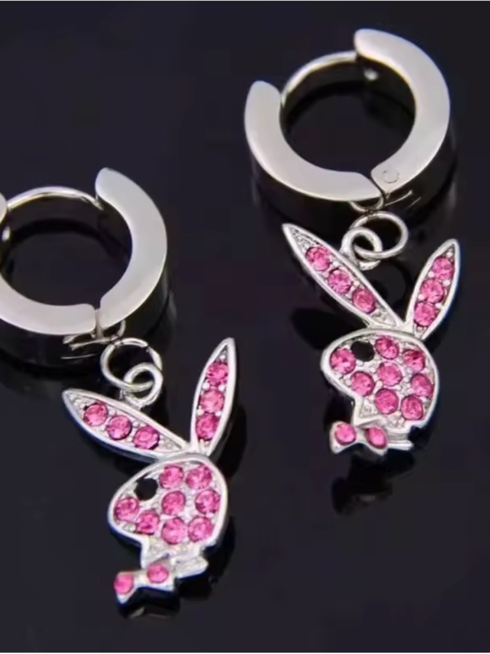 PLAYBOY Silver Hoop Earrings with Pink Crystal Bunny Charms